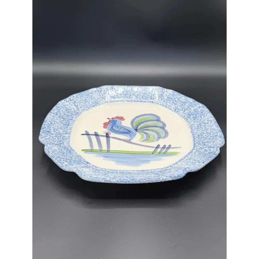 Vintage Rooster Chicken LA Pottery Blue Sponge Ware Dinner Plate Hand-painted